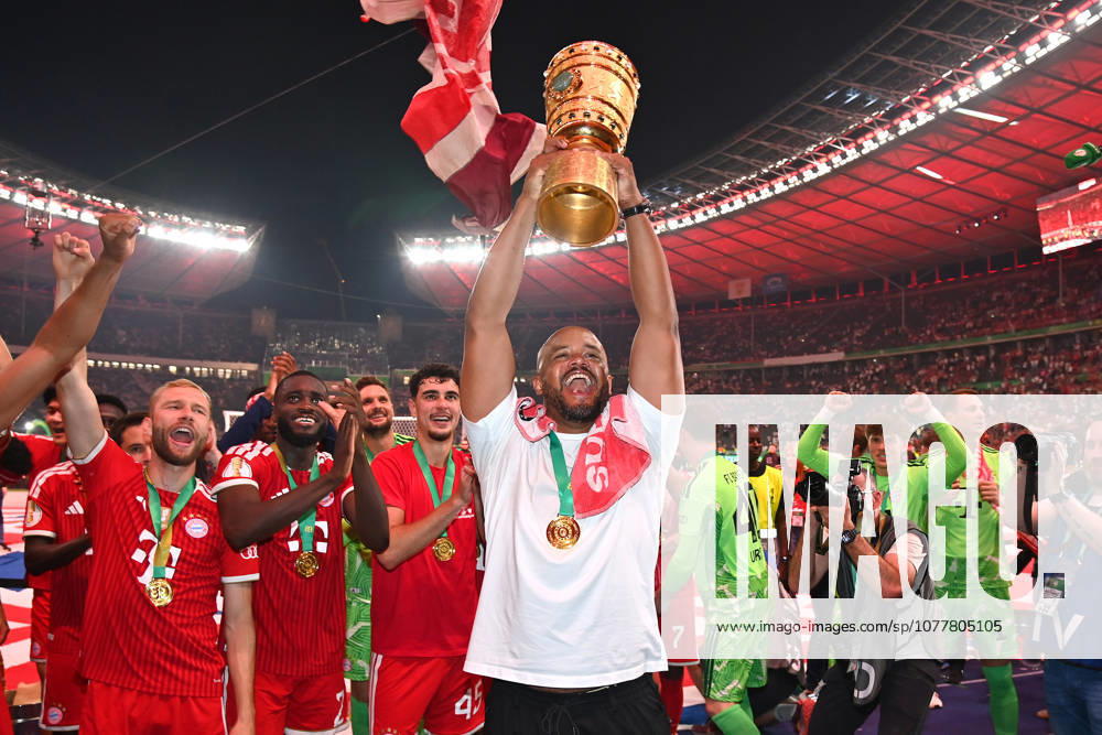 Coach Vincent KOMPANY Bayern Muenchen with Cup,Cup,Trophy, Cheering,Joy,Enthusiasm, Award Ceremony Football 83 DFB Pokal Final 2026 FC Bayern Muenchen VfB Stuttgart 3 0 am 23 05 2026, Olympiastadion in Berlin DFL DFB regulations prohibit any use of photographs as image sequences and or quasi video