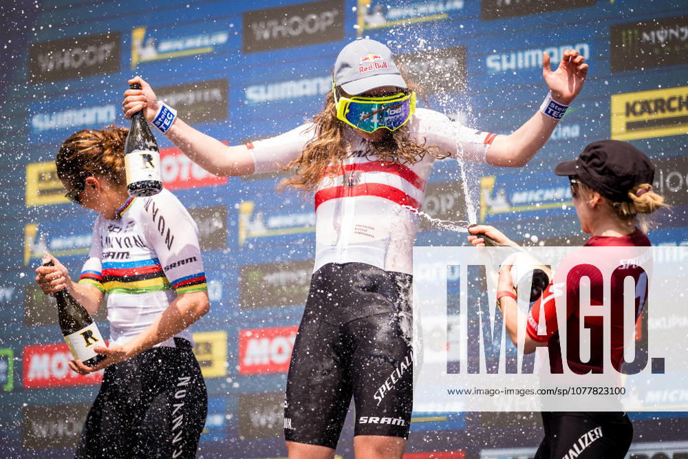 World Cup cross country mountain elite women s race, Vysocina Arena, Nove Mesto na Morave, May 24, 2026. From left: the second placed Jenny Rissveds from Sweden, winner Laura Stigger from Austria and the third placed Sina Frei from Switzerland. (CTKxPhoto JaroslavxSvoboda) CTKPhotoP2026052403669 CTKPhotoP2026052403669
