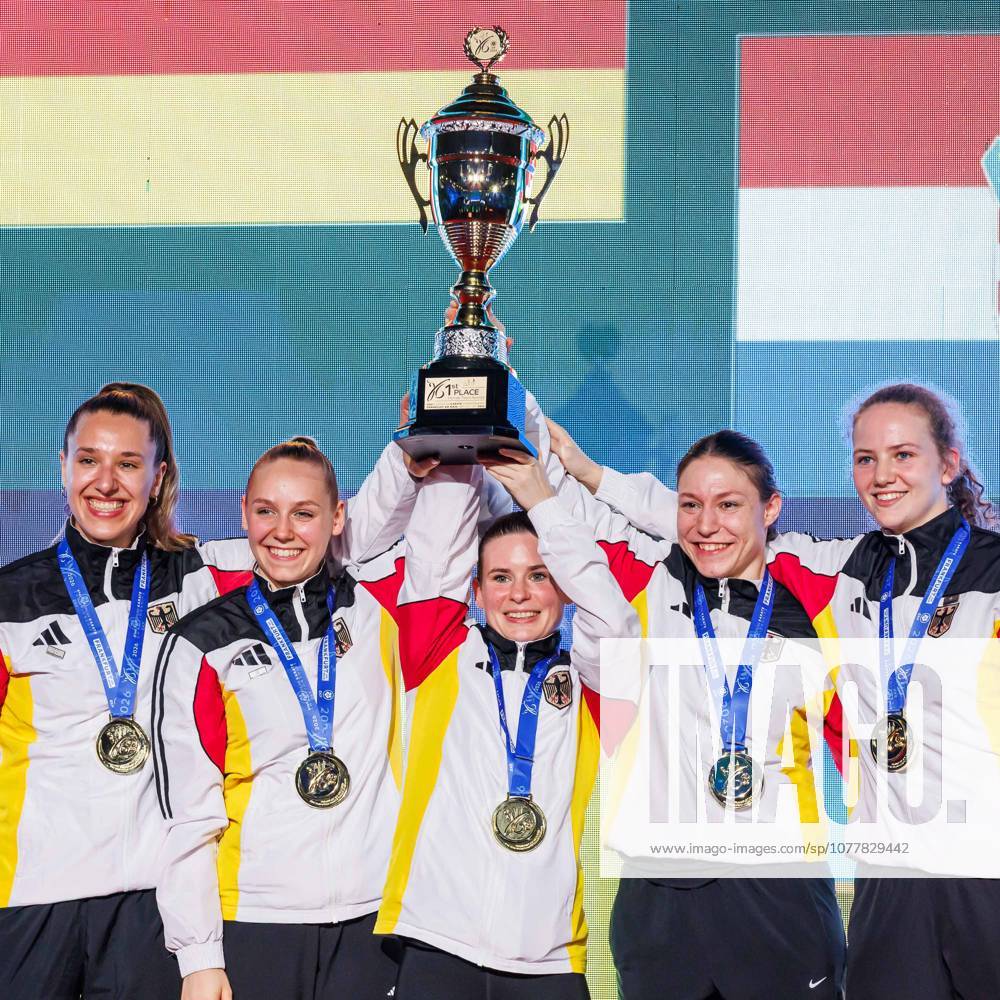 Award ceremony Women Team Kumite Team Germany Winner, first place, gold medal cheers, 24 05 2026, Frankfurt am Main Germany , 61 Karate European Championships 2026 Frankfurt Main