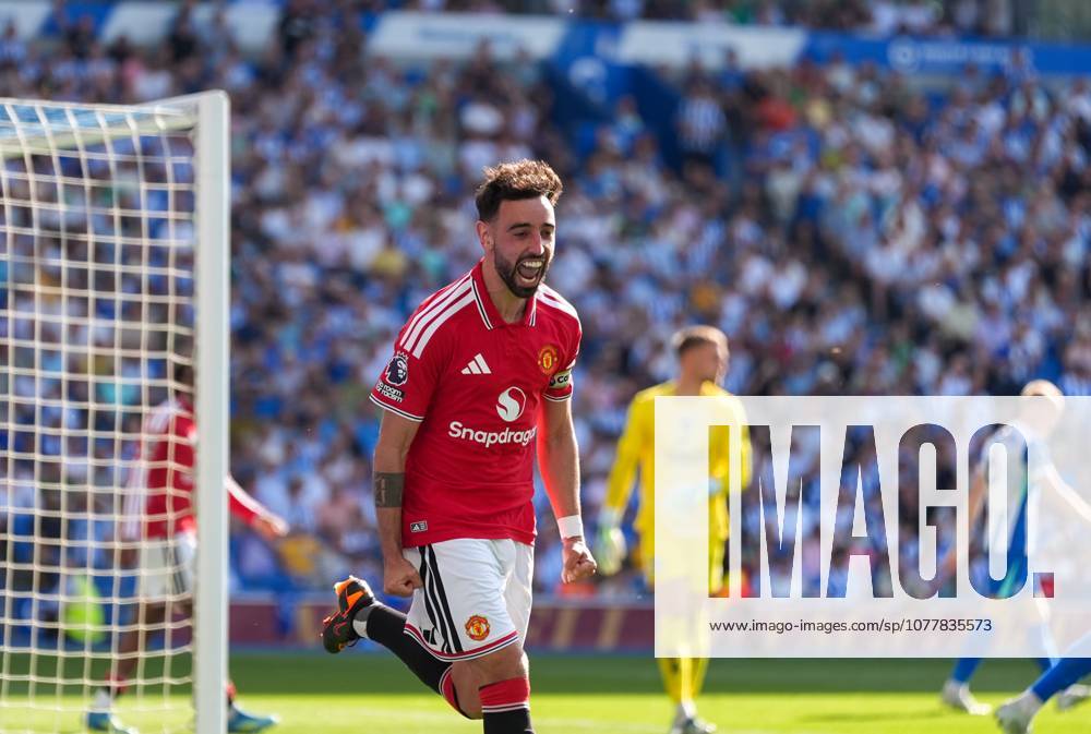 Goal - Bruno Fernandes of Manchester United, ManU celebrates the third goal. Brighton and Hove Albion v Manchester United, Premier League, Football, American Express Community Stadium, Brighton, UK - 24 May 2026Brighton American Express Community Stadi United Kingdom