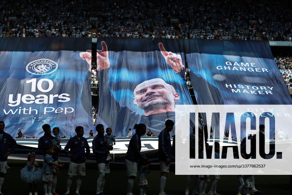 24th May 2026; Etihad Stadium, Manchester, Lancashire, England; Premier League Football, Manchester City versus Aston Villa; a tiff celebrating Manchester City manager Pep Guardiola is displayed before the kick off DavidxBlunsden