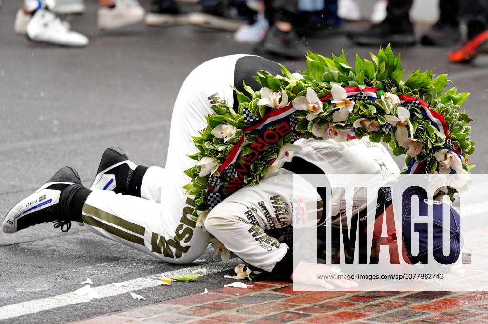 INDIANAPOLIS, IN - MAY 24: IndyCar, Indy Car, IRL, USA driver Felix Rosenqvist kisses the yard of bricks after winning the 110th Running of the Indianapolis 500 on May 24, 2026, at the Indianapolis Motor Speedway in Indianapolis, Indiana. (Photo by Brian Spurlock Icon Sportswire) AUTO: MAY 24 NTT IndyCar Series Indianapolis 500 presented by Gainbridge Icon26052450060