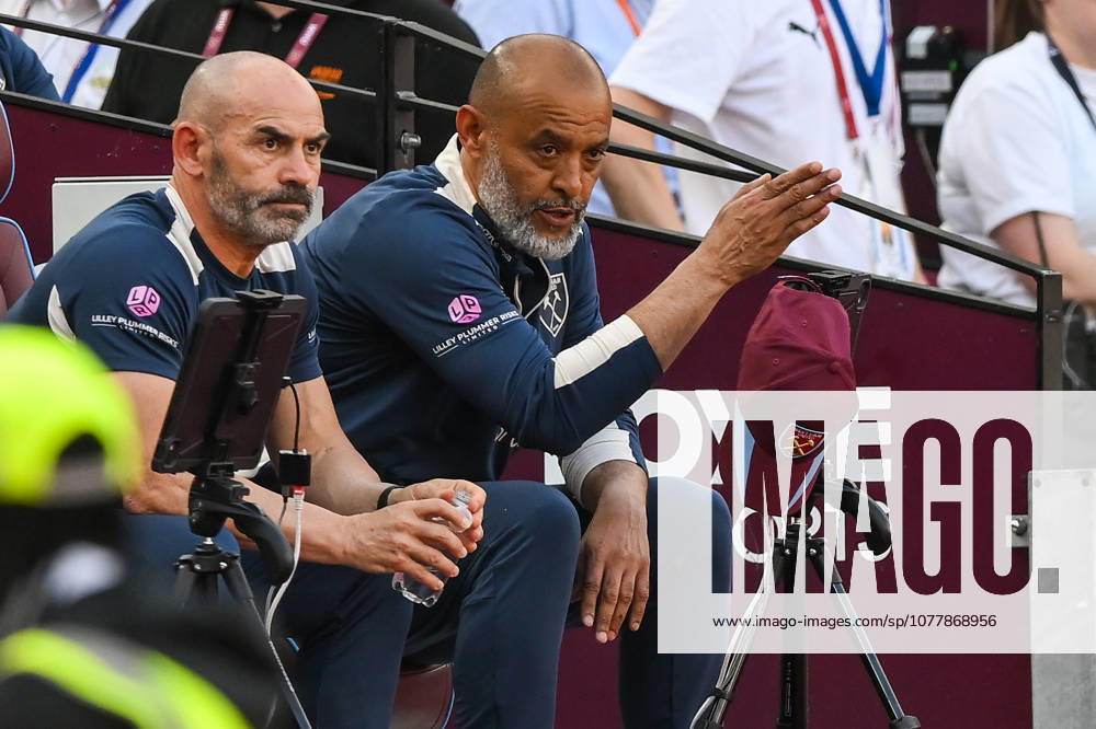 West Ham United v Leeds United - Premier League Nuno Espirito Santo, manager of West Ham United, gestures while talking to Paco Jemez, assistant coach, during the Premier League match between West Ham United and Leeds United at the London Stadium, Stratford, on May 24, 2026. Stratford Greater London United Kingdom