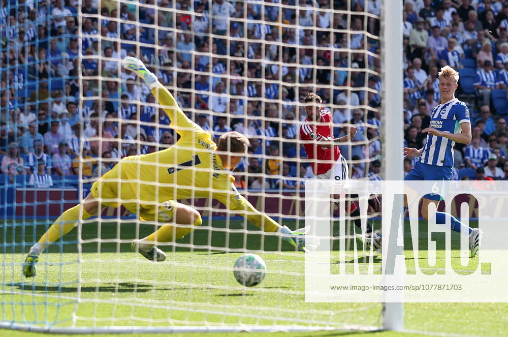 Brighton and Hove, England, 24th May 2026. Bruno Fernandes of Manchester United, ManU scoring his sides third goal during the Brighton and Hove Albion vs Manchester United Premier League match at the AMEX Stadium, Brighton and Hove. Picture credit should read: David Klein Sportimage . SPI_001_DK_Brighton_Man_Utd SPI-4826-0001