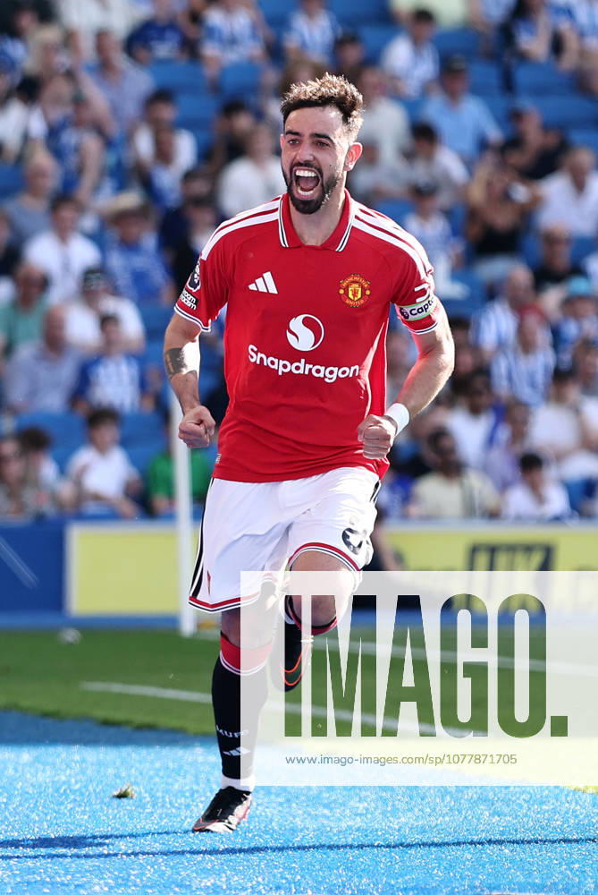 Brighton and Hove, England, 24th May 2026. Bruno Fernandes of Manchester United, ManU celebrates scoring his sides third goal during the Brighton and Hove Albion vs Manchester United Premier League match at the AMEX Stadium, Brighton and Hove. Picture credit should read: David Klein Sportimage . SPI_003_DK_Brighton_Man_Utd SPI-4826-0003