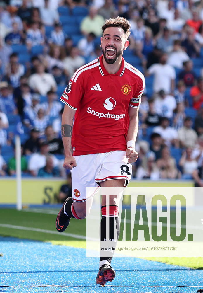 Brighton and Hove, England, 24th May 2026. Bruno Fernandes of Manchester United, ManU celebrates scoring his sides third goal during the Brighton and Hove Albion vs Manchester United Premier League match at the AMEX Stadium, Brighton and Hove. Picture credit should read: David Klein Sportimage . SPI_004_DK_Brighton_Man_Utd SPI-4826-0004