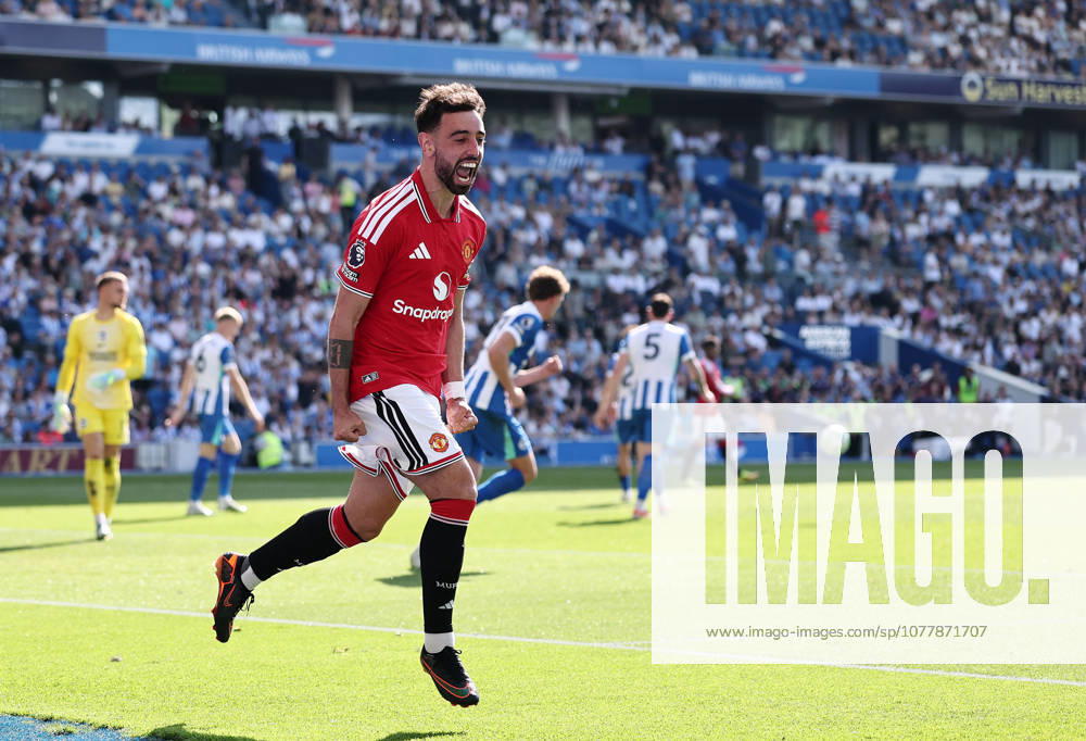 Brighton and Hove, England, 24th May 2026. Bruno Fernandes of Manchester United, ManU celebrates scoring his sides third goal during the Brighton and Hove Albion vs Manchester United Premier League match at the AMEX Stadium, Brighton and Hove. Picture credit should read: David Klein Sportimage . SPI_005_DK_Brighton_Man_Utd SPI-4826-0005