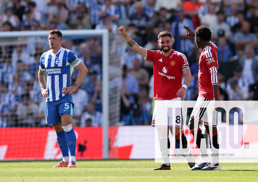 Brighton and Hove, England, 24th May 2026. Bruno Fernandes of Manchester United, ManU celebrates after breaking the Premier League assist record during the Brighton and Hove Albion vs Manchester United Premier League match at the AMEX Stadium, Brighton and Hove. Picture credit should read: David Klein Sportimage . SPI_043_DK_Brighton_Man_Utd SPI-4826-0043