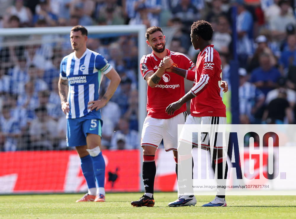 Brighton and Hove, England, 24th May 2026. Bruno Fernandes of Manchester United, ManU celebrates after breaking the Premier League assist record during the Brighton and Hove Albion vs Manchester United Premier League match at the AMEX Stadium, Brighton and Hove. Picture credit should read: David Klein Sportimage . SPI_044_DK_Brighton_Man_Utd SPI-4826-0044