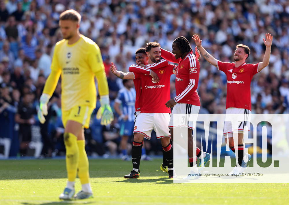 Brighton and Hove, England, 24th May 2026. Bruno Fernandes of Manchester United, ManU celebrates scoring his sides third goal during the Brighton and Hove Albion vs Manchester United Premier League match at the AMEX Stadium, Brighton and Hove. Picture credit should read: David Klein Sportimage . SPI_054_DK_Brighton_Man_Utd SPI-4826-0054