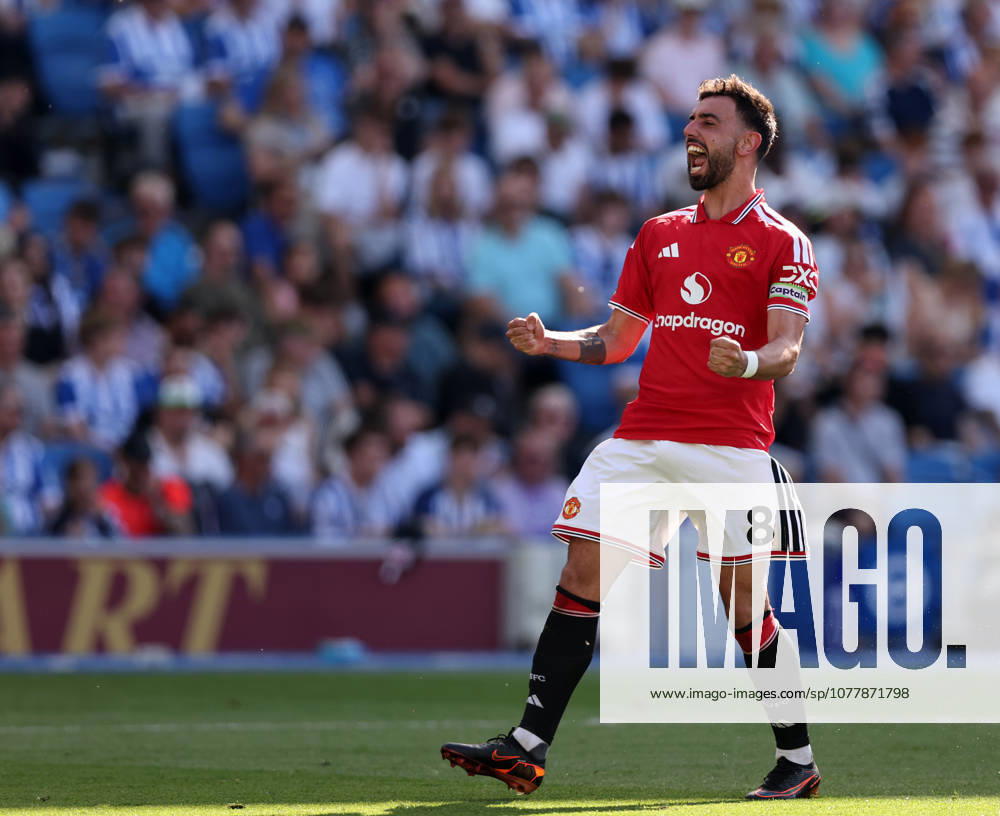 Brighton and Hove, England, 24th May 2026. Bruno Fernandes of Manchester United, ManU celebrates scoring his sides third goal during the Brighton and Hove Albion vs Manchester United Premier League match at the AMEX Stadium, Brighton and Hove. Picture credit should read: David Klein Sportimage . SPI_057_DK_Brighton_Man_Utd SPI-4826-0057
