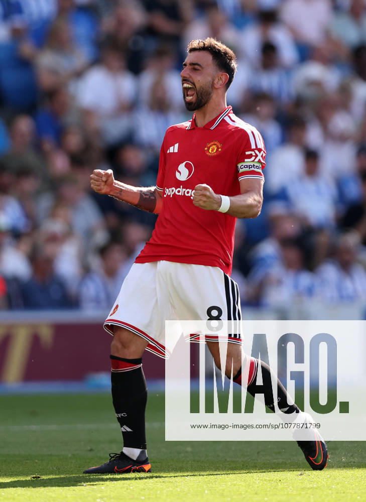 Brighton and Hove, England, 24th May 2026. Bruno Fernandes of Manchester United, ManU celebrates scoring his sides third goal during the Brighton and Hove Albion vs Manchester United Premier League match at the AMEX Stadium, Brighton and Hove. Picture credit should read: David Klein Sportimage . SPI_058_DK_Brighton_Man_Utd SPI-4826-0058