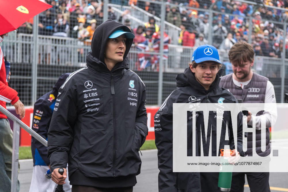 George Russell UK, Mercedes AMG Petronas Formula 1 Team 63 and Kimi Antonelli ITA, Mercedes AMG Petronas Formula 1 Team 12 at the drivers parade, CAN, Canadian Grand Prix, Montreal, Motorsport, Formula 1, 24 05 2026 CAN, Canadian Grand Prix, Montreal, Motorsport, Formula 1 Montreal