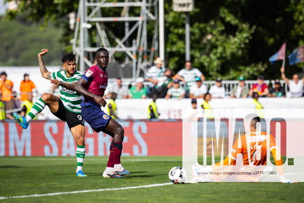 Sporting CP vs SCU Torreense in Oeiras - 24 May 2026 Lucas Paes, goalkeeper for SCU Torreense (R), Luis Suarez of Sporting CP (L) and Mohamed Diadie of SCU Torreense (C) seen in action during the Portuguese Cup 2025 2026 - Final match between Sporting CP and SCU Torreence at Estadio Nacional. (Final score: Sporting CP 1 - 2 SCU Torreense) Oeiras Portugal