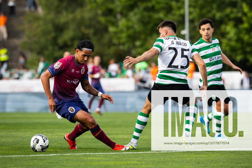 Sporting CP vs SCU Torreense in Oeiras - 24 May 2026 Luis Quintero of SCU Torreense (L) and Goncalo Inacio of Sporting CP (R) seen in action during the Portuguese Cup 2025 2026 - Final match between Sporting CP and SCU Torreence at Estadio Nacional. (Final score: Sporting CP 1 - 2 SCU Torreense) Oeiras Portugal