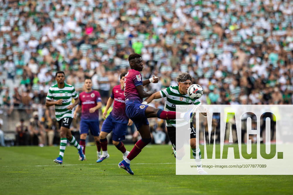 Sporting CP vs SCU Torreense in Oeiras - 24 May 2026 Musa Drammeh of SCU Torreense (L) and Maxi Araujo of Sporting CP (R) seen in action during the Portuguese Cup 2025 2026 - Final match between Sporting CP and SCU Torreence at Estadio Nacional. (Final score: Sporting CP 1 - 2 SCU Torreense) Oeiras Portugal