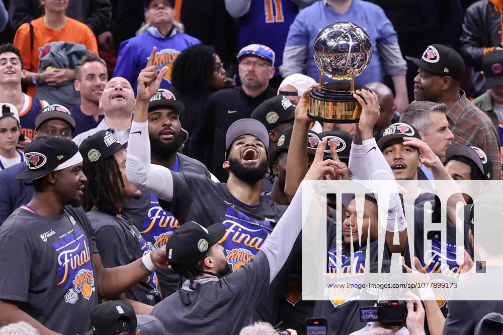 The New York Knicks celebrate a 130-93 win over the Cleveland Cavaliers in the Eastern Conference Final game 4 to win the series 4-0 in Cleveland, Ohio Monday May 25, 2026. CLE20260525113 AARONxJOSEFCZYK