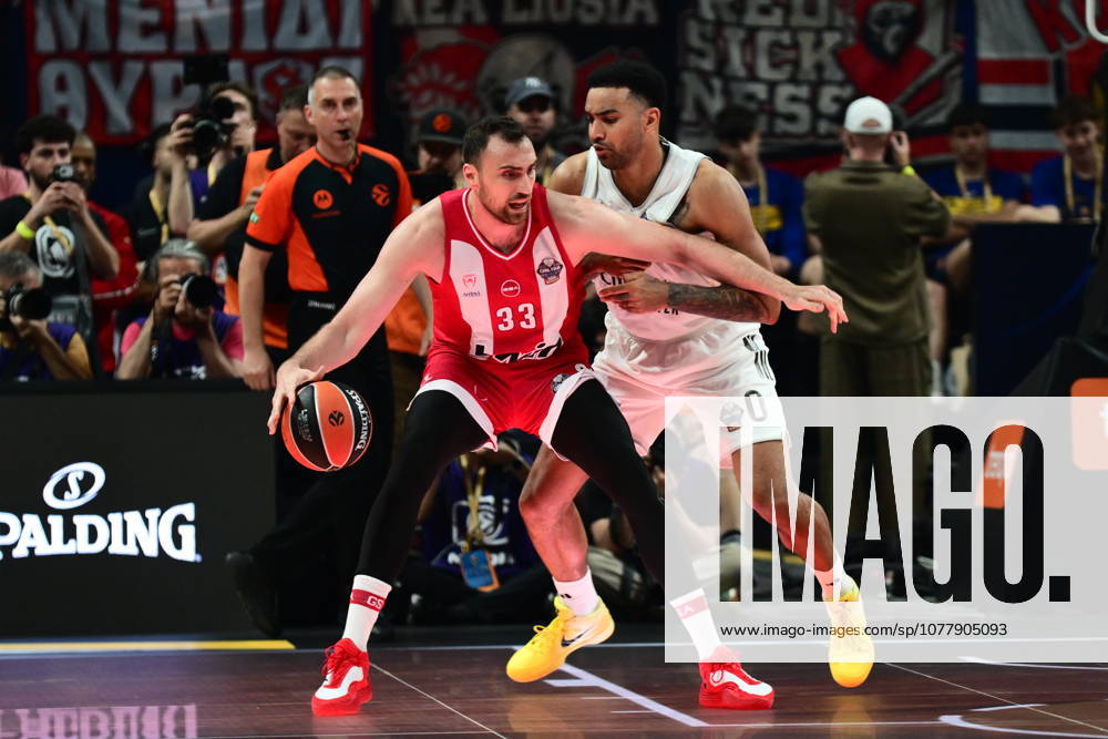EuroLeague Basketball Final 4 - Champions Game, Olympiacos Piraeus vs Real Madrid - Nikola Milutinov, 33 of Olympiacos Piraeus in action against Trey Lyles, 0 of Real Madrid during the 2026 EuroLeague Championship Game Olympiacos Piraeus vs Real Madrid at Telekom Center Athens on May 24, 2026 in Athens, Greece. ATHENS Greece