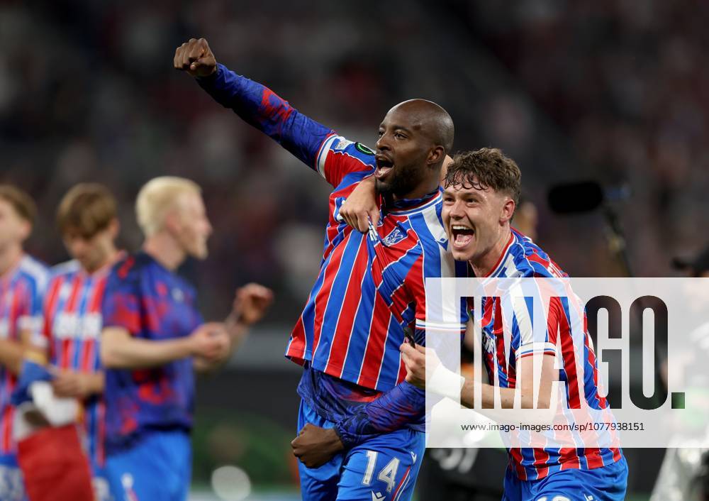 Jean-Philippe Mateta of Crystal Palace celebrates with teammate Jörgen Strand Larsen (right) winning the UEFA Conference League Crystal Palace v Rayo Vallecano, UEFA Conference League, Final, Football, Red Bull Arena, Leipzig, Germany - 27 May 2026Leipzig Red Bull Arena Germany