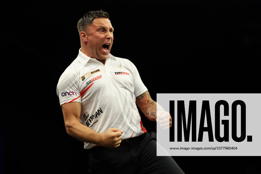 28th May 2026, The 02 Arena, London, England; 2026 PDC Bet MGM Premier League Darts Final; Gerwyn Price reacts on the oche during his match against Luke Littler HenningxvonxJagow