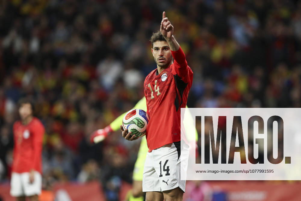 Spain Vs Egypt - national team, Nationalteam Friendly Match Hamdi Fathy of Egypt controls the ball during the friendly match between the Spanish and Egyptian national teams at RCD Stadium in Barcelona, Spain, in March 2026, ahead of the FIFA World Cup, WM, Weltmeisterschaft, Fussball Barcelona Spain
