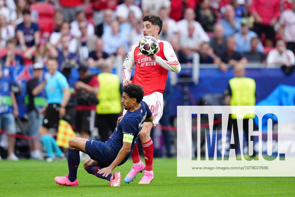 Paris Saint-Germain v Arsenal FC - UEFA Champions League Final 2026 Kai Havertz of Arsenal FC competes for the ball with Marquinhos of Paris Saint-Germain FC during the UEFA Champions League Final match between Paris Saint-Germain FC and Arsenal FC at Puskas Arena on May 30, 2026 in Budapest, Hungary Budapest Puskas Arena Hungary Hungary