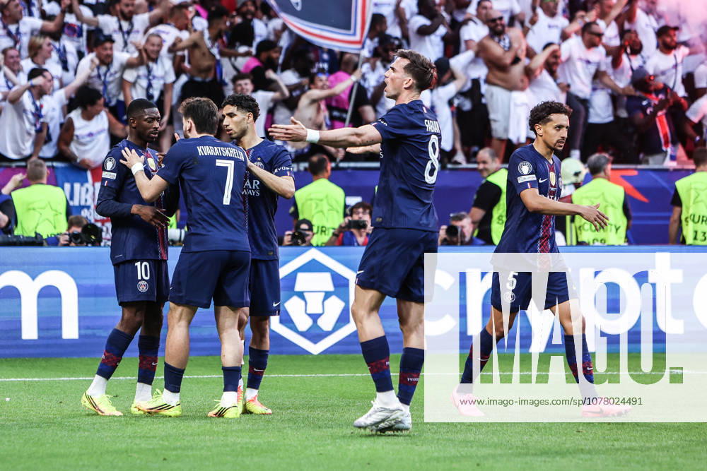 Sport, Football, UEFA Champions League Season 2025 2026 Final Paris Saint Germain FC Arsenal 30 05 2026, Puskas Arena Budapest Goal celebration Paris Saint Germain after Ousmane Dembele scored the 1-1 equalizer on a penalty kick Paris Budapest Puskas Arena Hungary