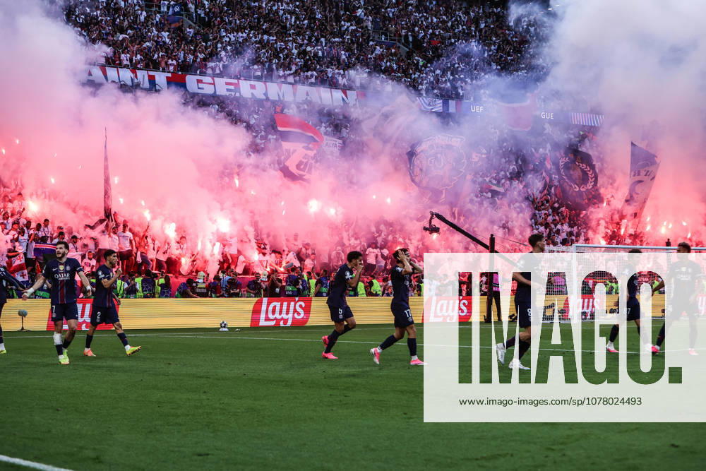 Sport, Football, UEFA Champions League Season 2025 2026 Final Paris Saint Germain FC Arsenal 30 05 2026, Puskas Arena Budapest Goal celebration Paris Saint Germain after Ousmane Dembele scored the 1-1 equalizer on a penalty kick Paris Budapest Puskas Arena Hungary
