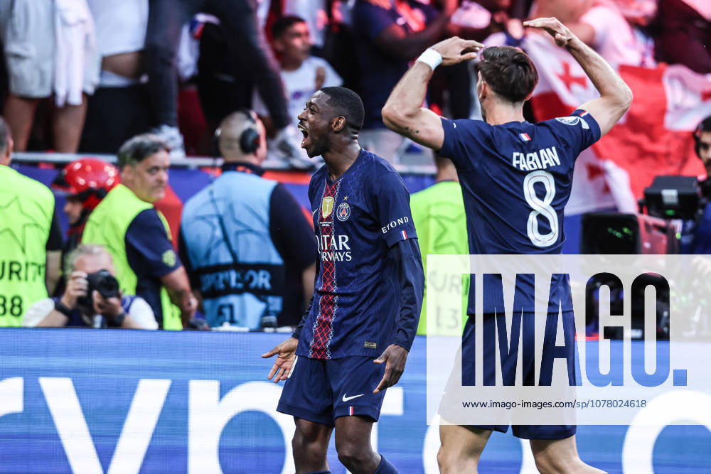 Sport, Football, UEFA Champions League season 2025 2026 Final Paris Saint Germain FC Arsenal 30 05 2026, Puskas Arena Budapest Goal celebration Paris Saint Germain after Ousmane Dembele Paris scored a penalty to equalize the score at 1 1, the players rejoice Budapest Puskas Arena Hungary