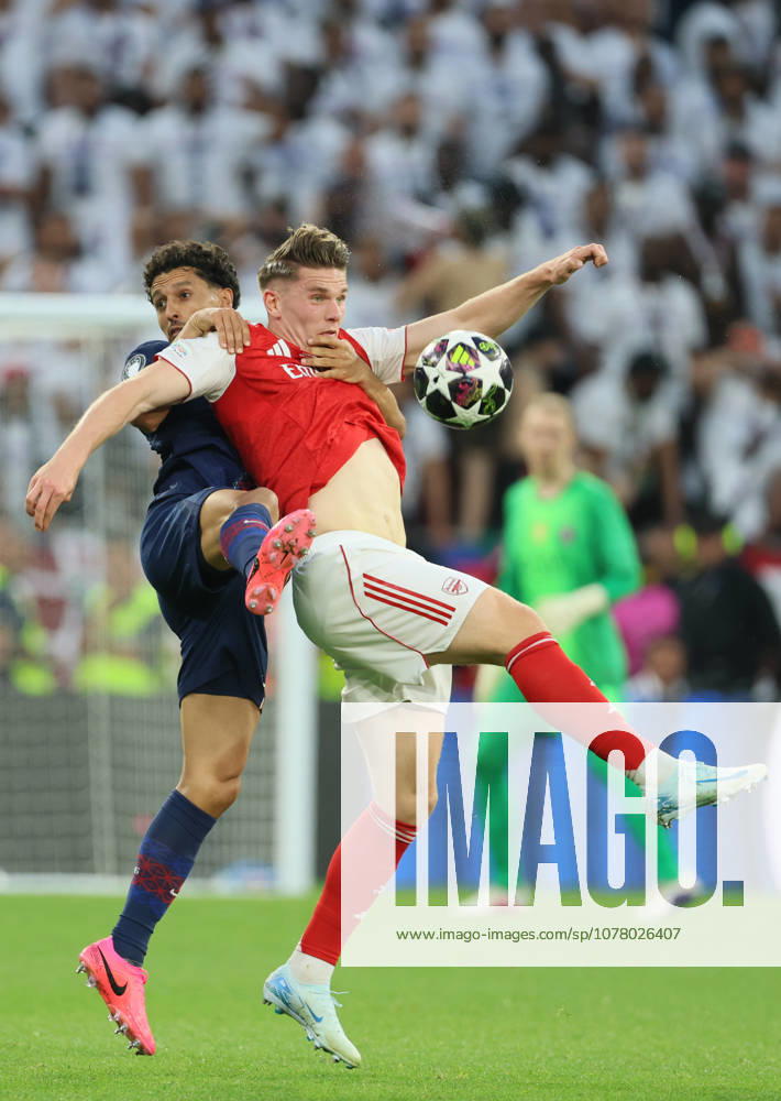 Paris Saint-Germain v Arsenal FC - UEFA Champions League Final 2026 Marquinhos of Paris Saint-Germain and Viktor Gyokeres of Arsenal challenge during the UEFA Champions League Final 2026 match between Paris Saint-Germain and Arsenal FC at Puskas Arena on May 30, 2026 in Budapest, Hungary. WARNING! This Photograph May Only Be Used For Newspaper And Or Magazine Editorial Purposes. May Not Be Used For Publications Involving 1 player, 1 Club Or 1 Competition Without Written Authorisation From Football DataCo Ltd. For Any Queries, Please Contact Football DataCo Ltd on +44 (0) 207 864 9121 Budapest Puskas Arena Hungary Hungary