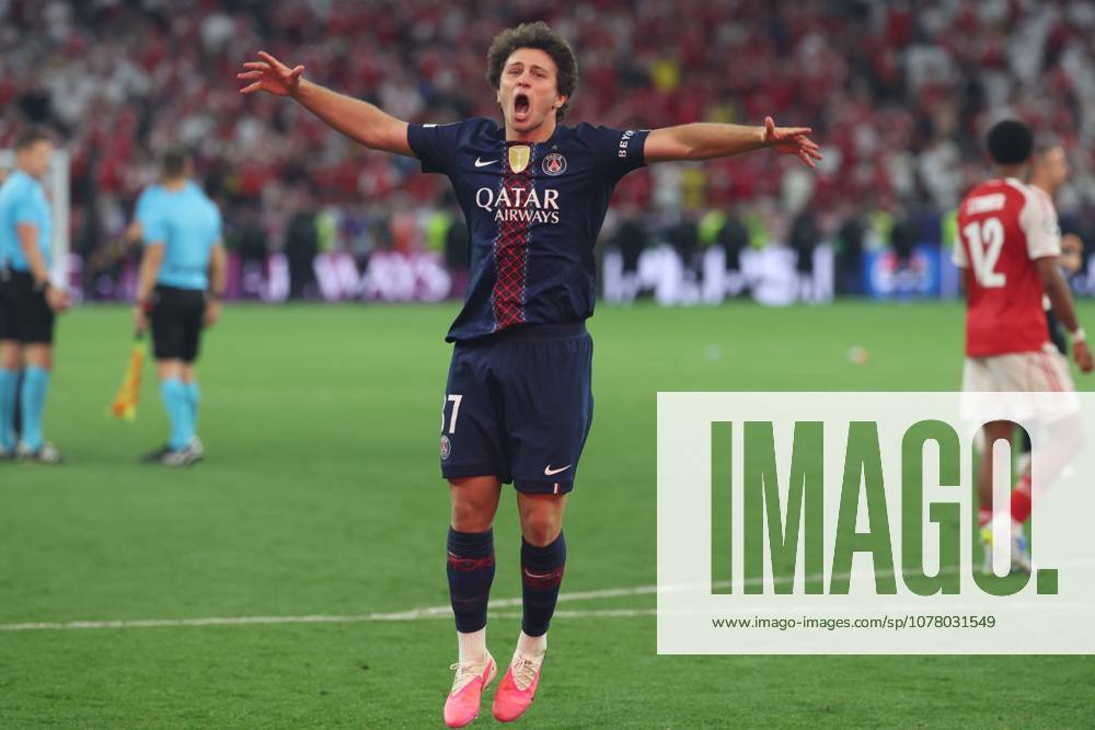 SOCCER - 2025-2026 UEFA Champions League final , Paris vs Arsenal Joao Neves (Paris Saint-Germain) celebrates with fans and thanks them after the match Budapest Puskas Arena ,Budapest Puskas Arena Hungary