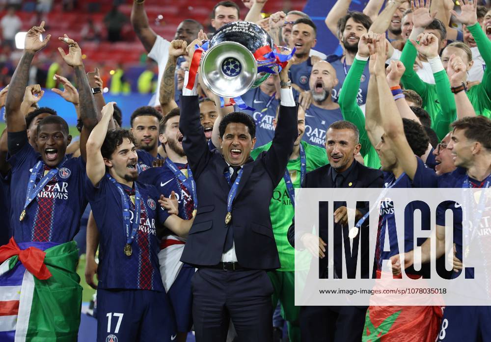 UEFA Champions League Final 2026 - Paris Saint Germain v Arsenal BUDAPEST, HUNGARY, MAY 30: Nasser Al-Khelaifi chairman of Paris Saint-Germain holds aloft the UEFA Champions League trophy in celebration after winning the 2026 UEFA Champions League Final during the UEFA Champions League Final 2026 match between Paris Saint Germain v Arsenal at Puskas Arena, Budapest, Hungary, on 30 May. (Photo by Daniel Weir) Budapest Puskas Arena Hungary