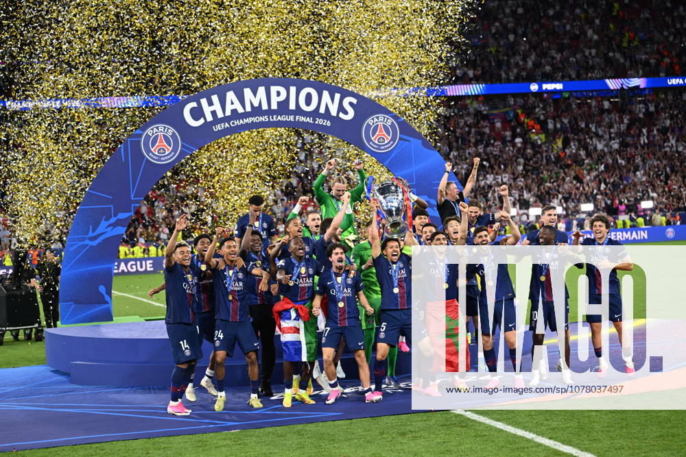 UEFA Champions League - PSG Is The European Champion Paris Saint-Germain goalkeeper Lucas Chevalier, Ademo Nagalo of PSV Eindhoven, Paris Saint-Germain goalkeeper Bilal Laurendon, Achraf Hakimi of Paris Saint-Germain, Lucas Beraldo of Paris Saint-Germain, Marquinhos of Paris Saint-Germain, Illia Zabarnyi of Paris Saint-Germain, Lucas Hernández of Paris Saint-Germain, Nuno Mendes of Paris Saint-Germain, Willian Pacho of Paris Saint-Germain, Fabian Ruiz of Paris Saint-Germain, Vitinha of Paris Saint-Germain, Kang-in Lee of Paris Saint-Germain, Senny Mayulu of Paris Saint-Germain, Dro Fernández of Paris Saint-Germain, Warren Zaire-Emery of Paris Saint-Germain, Joao Neves of Paris Saint-Germain, Khvicha Kvaratskhelia of Paris Saint Germain, Goncalo Ramos of Paris Saint-Germain, Ousmane Dembele of Paris Saint-Germain, Desire Doue of Paris Saint-Germain, Bradley Barcola of Paris Saint-Germain, Quentin Ndjantou of Paris Saint-Germain, Ibrahim Mbaye of Paris Saint-Germain, Paris Saint-Germain manager Luis Enrique with the UEFA Champions League trophy, Coupe des clubs Champions Europeans with the UEFA Champions League trophy, Coupe des clubs Champions Europeens after the UEFA Champions League final between Paris Saint-Germain and Arsenal FC at the Puskás Aréna on May 30, 2026, Budapest, Hungary. PSG wins its second Champions League title. Photo by Alexis Jumeau ABACAPRESS.COM Budapest Hungary