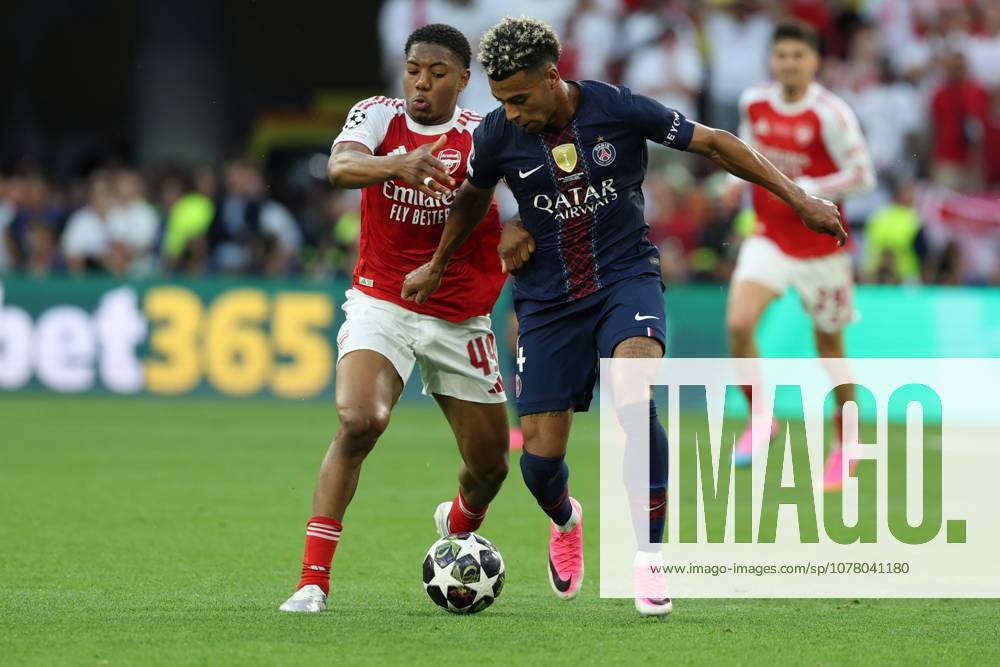 SOCCER - 2025-2026 UEFA Champions League final , Paris vs Arsenal Myles Lewis-Skelly (Arsenal) and Desire Doue (Paris Saint-Germain) in duel Budapest Puskas Arena ,Budapest Puskas Arena Hungary