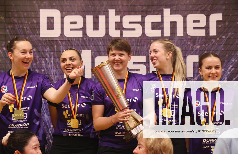Natalia Bajor, Sabina Surjan, Nina Mittelham with trophy, Josi Neumann, Mia Griesel, TTC Eastside Berlin cheers and celebrates the German Championship German Champion Sport Table Tennis Final German Championship Bundesliga Women Season 2025 2026 31 05 2026 ttc eastside Berlin vs TSV Dachau