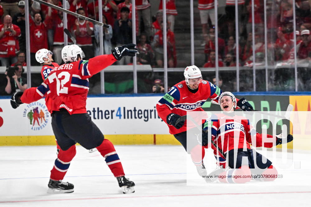 ZURICH, SWITZERLAND MAY 31 Noah Steen of Norway R celebrates his game winning goal during the 2026 IIHF Ice Hockey World Championship Switzerland Bronze medal game between Canada and Norway at Swiss Life Arena on May 31, 2026 in Zurich, Zurich Zurich Swiss Life Arena Zurich Switzerland