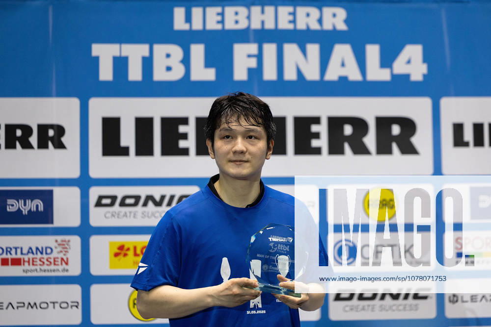 The player of the match Fan Zhendong (CHN 1.FC Saarbruecken-TT) after the final matches of the Liebherr TTBL Final4 Borussia Düsseldorf - FC Saarbrücken Tischtennis at the Süwag Energie ARENA on May 31, 2026, in Frankfurt, Germany Frankfurt Süwag Energie ARENA Hessen Germany