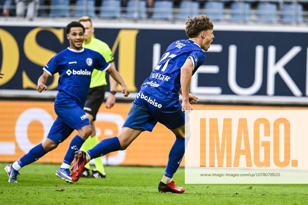 Gent s Tibe De Vlieger celebrates after scoring during a soccer match between KAA Gent and Racing Genk, Sunday 31 May 2026 in Gent, an European Play-off game of the 2025-2026 Jupiler Pro League first division of the Belgian championship. TOM GOYVAERTS TomxGoyvaerts x175564697x