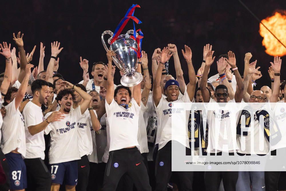 PSG Celebrate The UEFA Champions League Title PSG players celebrate with the trophy of the UEFA Champions League title with their supporters at the Parc des Princes in Paris, France. Paris France