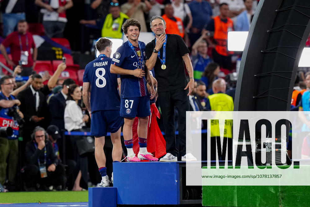 Joao Neves of Paris Saint-Germain FC and Luis Enrique celebrates the victory of the cup at the end of the UEFA Champions League Final 2026 match between Paris Saint-Germain and Arsenal at Puskas Arena Budapest Hungary on 30 May 2026. Budapest Puskas Arena Budapest Hungary