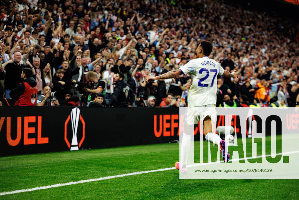 Morgan Rogers seen celebrating after scoring goal during the UEFA Europa League 2026 final game between teams of SC Freiburg and Aston Villa FC (Maciej Rogowski Ball Raw Images) Istanbul Besiktas Stadium Turkey