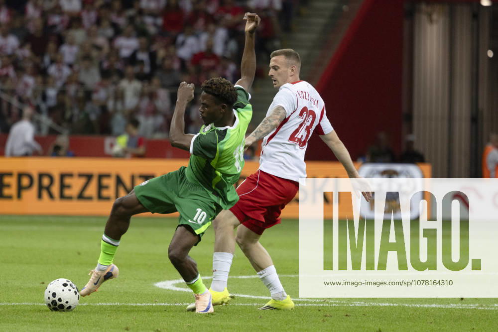 Poland - Nigeria 03.06.2026 football, Warsaw, PGE National Stadium, FIFA , friendly international game match Poland - Nigeria ( mecz towarzyski, pilka nozna, Polska - Nigeria ) image shows: Fisayo Dele-Bashiru (L) Kacper Kozlowski (R) photo Katarzyna Plewczynska Fotostyk