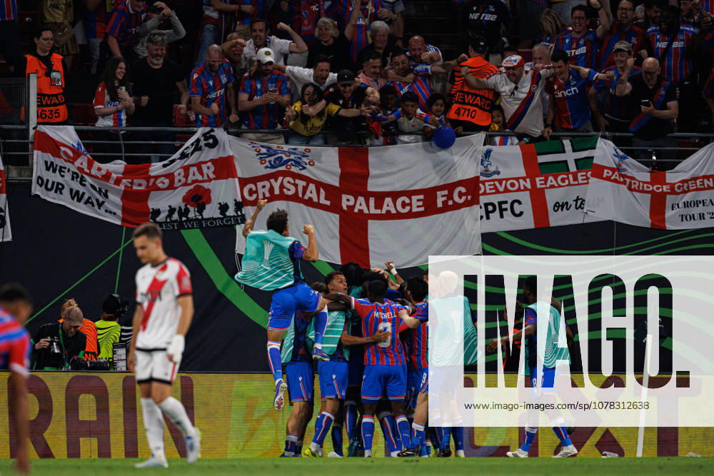 Players of Crystal Palace seen celebrating after scoring goal during UEFA Conference League 2026 final game between teams of Crystal Palace FC and Rayo Vallecano de Madrid (Maciej Rogowski Ball Raw Images) Leipzig Red Bull Arena Germany