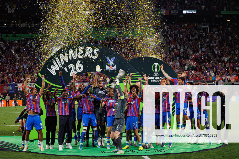 Players of Crystal Palace seen celebrating with trophy during UEFA Conference League 2026 final game between teams of Crystal Palace FC and Rayo Vallecano de Madrid (Maciej Rogowski Ball Raw Images) Leipzig Red Bull Arena Germany