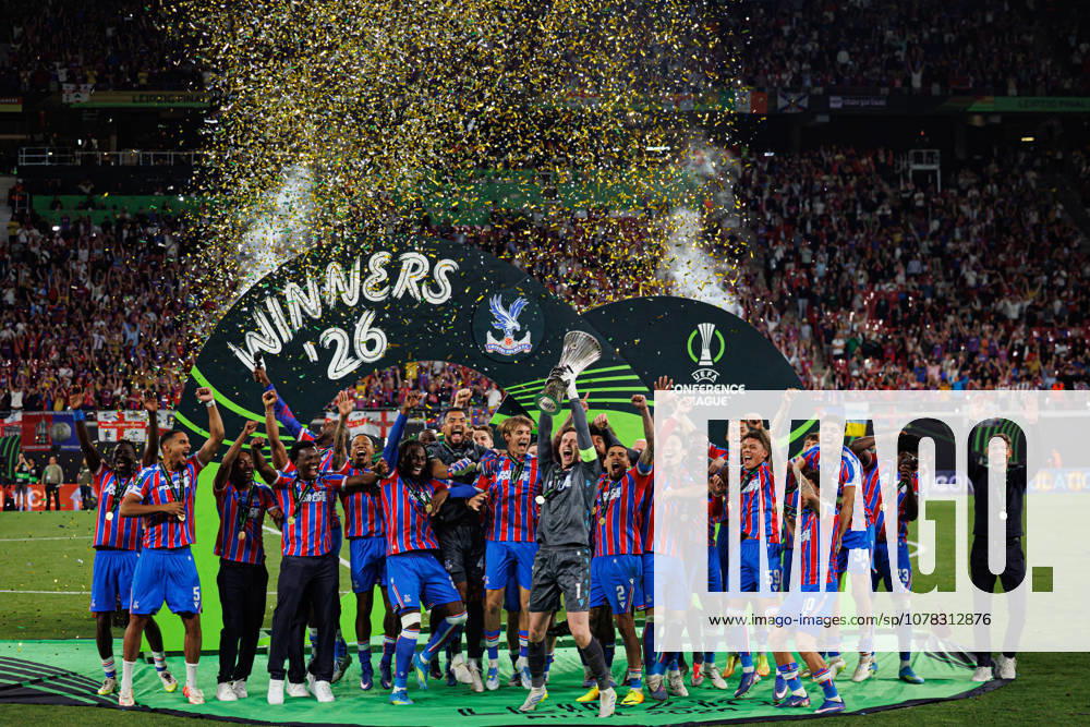 Players of Crystal Palace seen celebrating with trophy during UEFA Conference League 2026 final game between teams of Crystal Palace FC and Rayo Vallecano de Madrid (Maciej Rogowski Ball Raw Images) Leipzig Red Bull Arena Germany