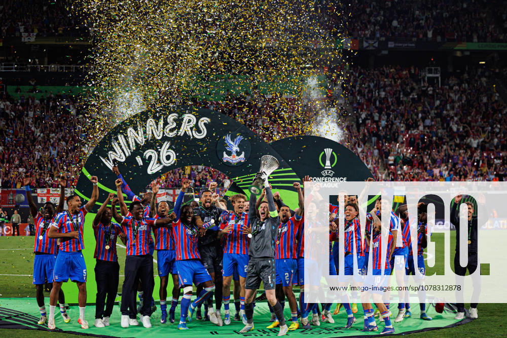 Players of Crystal Palace seen celebrating with trophy during UEFA Conference League 2026 final game between teams of Crystal Palace FC and Rayo Vallecano de Madrid (Maciej Rogowski Ball Raw Images) Leipzig Red Bull Arena Germany