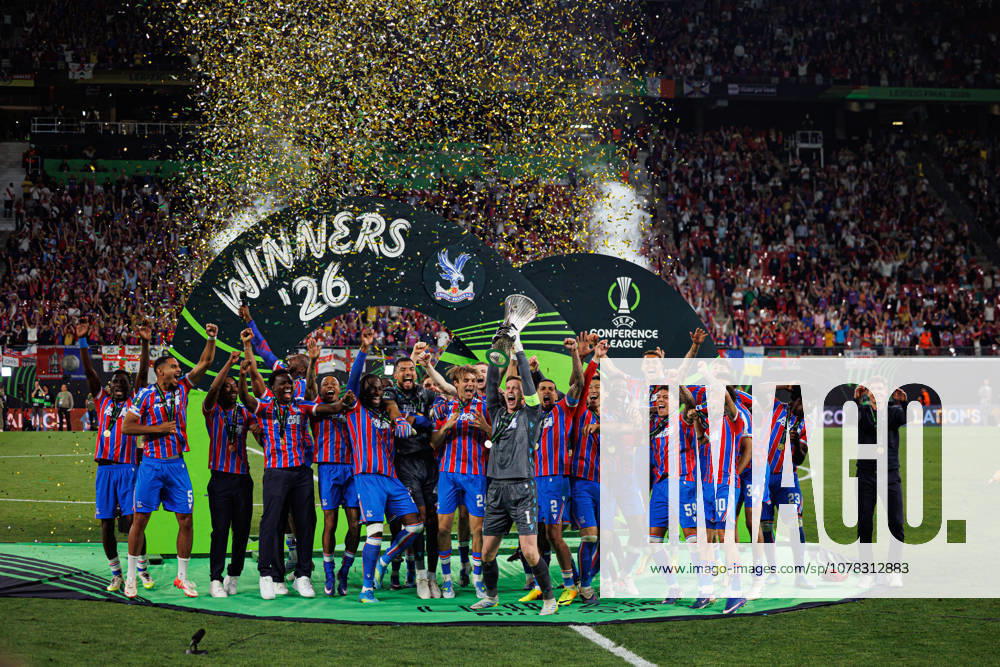 Players of Crystal Palace seen celebrating with trophy during UEFA Conference League 2026 final game between teams of Crystal Palace FC and Rayo Vallecano de Madrid (Maciej Rogowski Ball Raw Images) Leipzig Red Bull Arena Germany