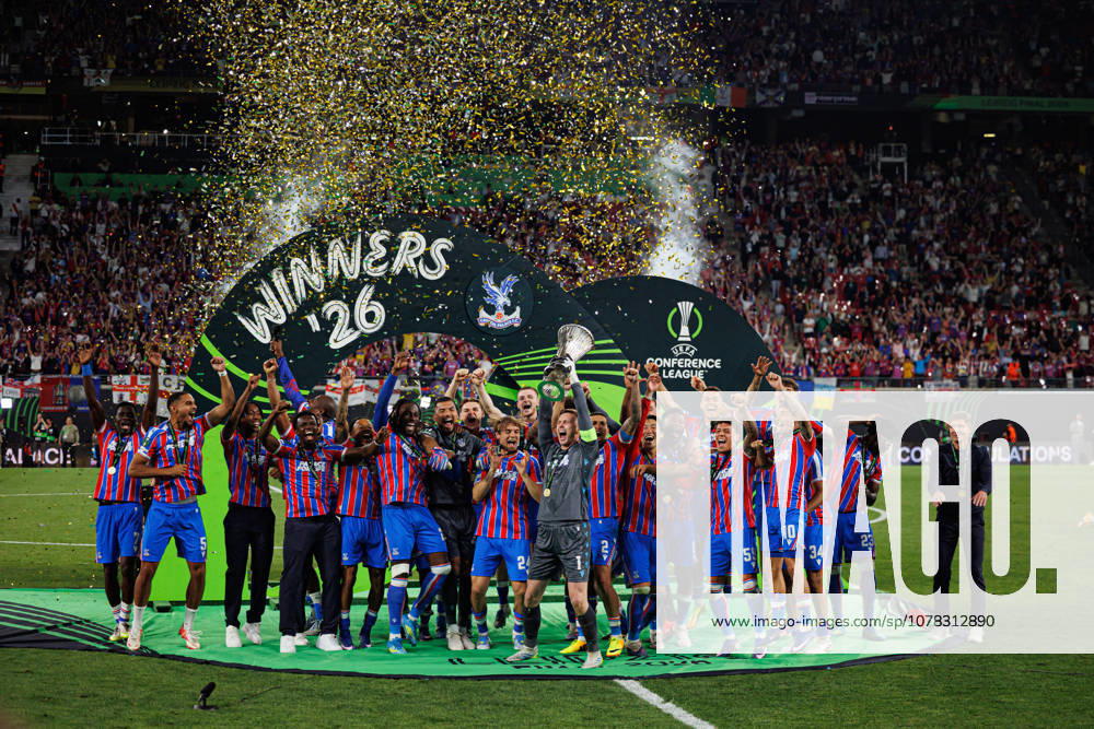 Players of Crystal Palace seen celebrating with trophy during UEFA Conference League 2026 final game between teams of Crystal Palace FC and Rayo Vallecano de Madrid (Maciej Rogowski Ball Raw Images) Leipzig Red Bull Arena Germany