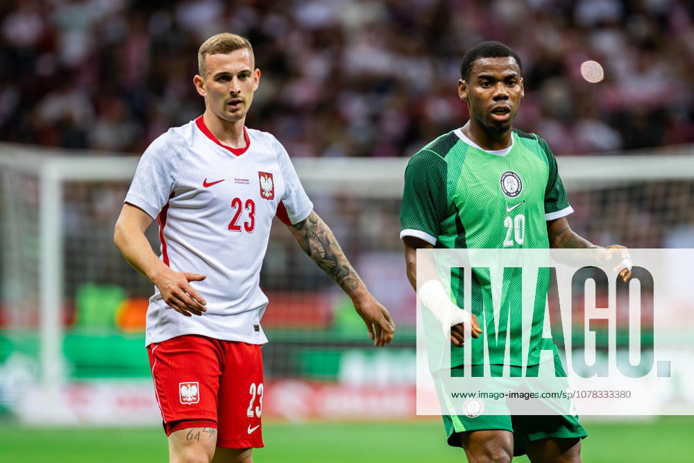 Kacper Kozlowski (L) of Poland and Raphael Onyedika (R) of Nigeria are seen during the friendly match between Poland and Nigeria at PGE Narodowy Stadium. Final score; Poland 2:2 Nigeria. Poland Vs Nigeria In Warsaw, Poland - 03 Jun 2026 - ZUMAs197 20260603_aaa_s197_601