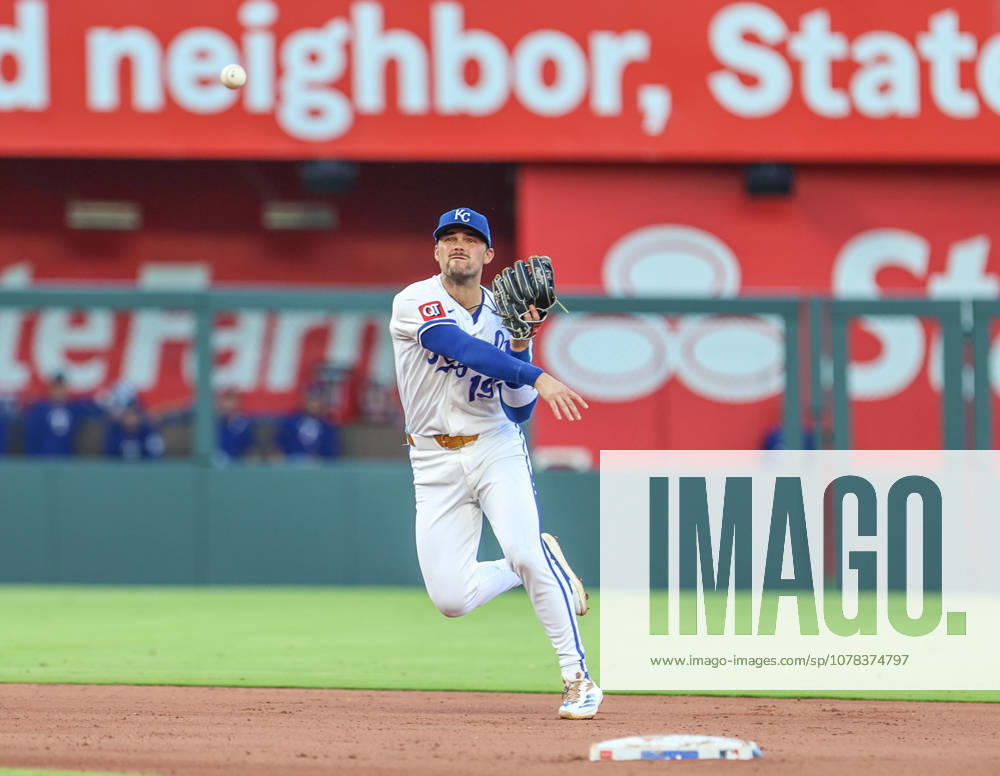 Kansas City Royals infielder Michael Massey (19) fields and throws to first base against the Texas Rangers at Kauffman Stadium in Kansas City, MO. CSM Kansas City United States - ZUMAc04_ 20260609_zma_c04_018